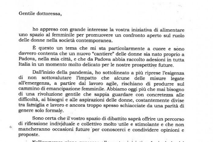 Il sostegno della Presidente del Senato Maria Elisabetta Alberti Casellati alla rivoluzione gentile del Cantiere delle donne think tank al femminile nato proprio nella “sua Padova”