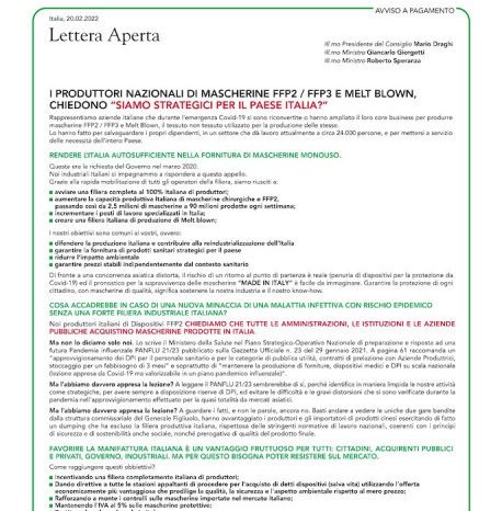 I Produttori di FFP2 e Meltblown scrivono una Lettera Aperta sul Corriere della Sera 20/02/22 al Presidente del Consiglio Mario Draghi, al Ministro Giancarlo Giorgetti ed al Ministro Roberto Speranza
